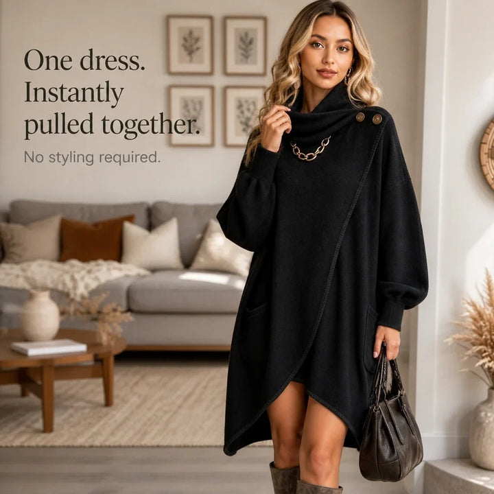 Cowlora – Asymmetric Cowl-Neck Sweater Dress