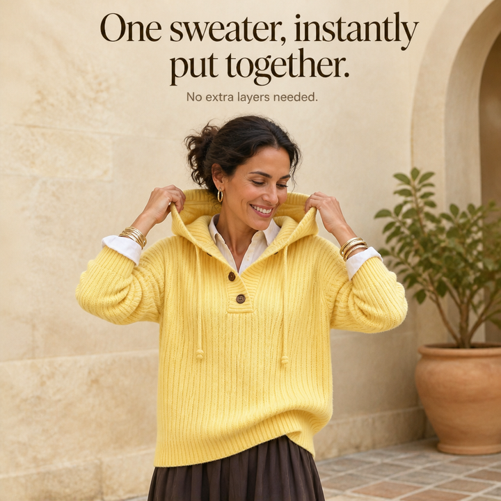 Sunlithe – Hooded Ribbed Collar Half-Zip Knit Pullover