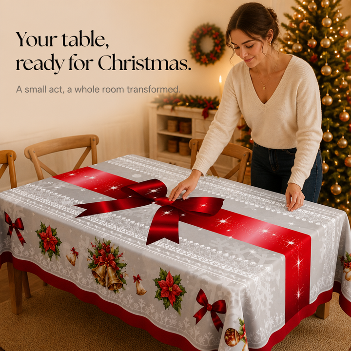 Holly & Hearth – Red Bow Printed Christmas Tablecloth