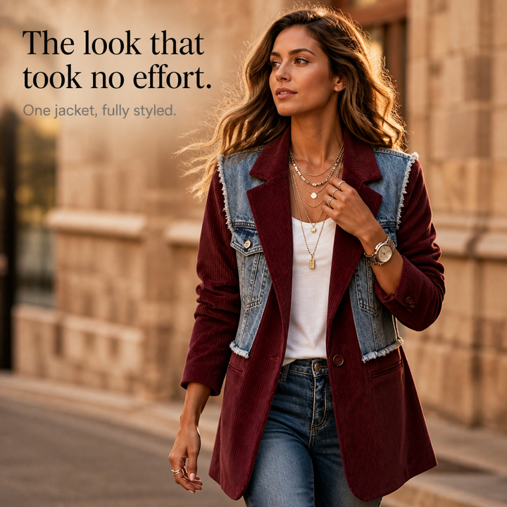 Corvella – Denim-Overlay Corduroy Raw-Hem Blazer