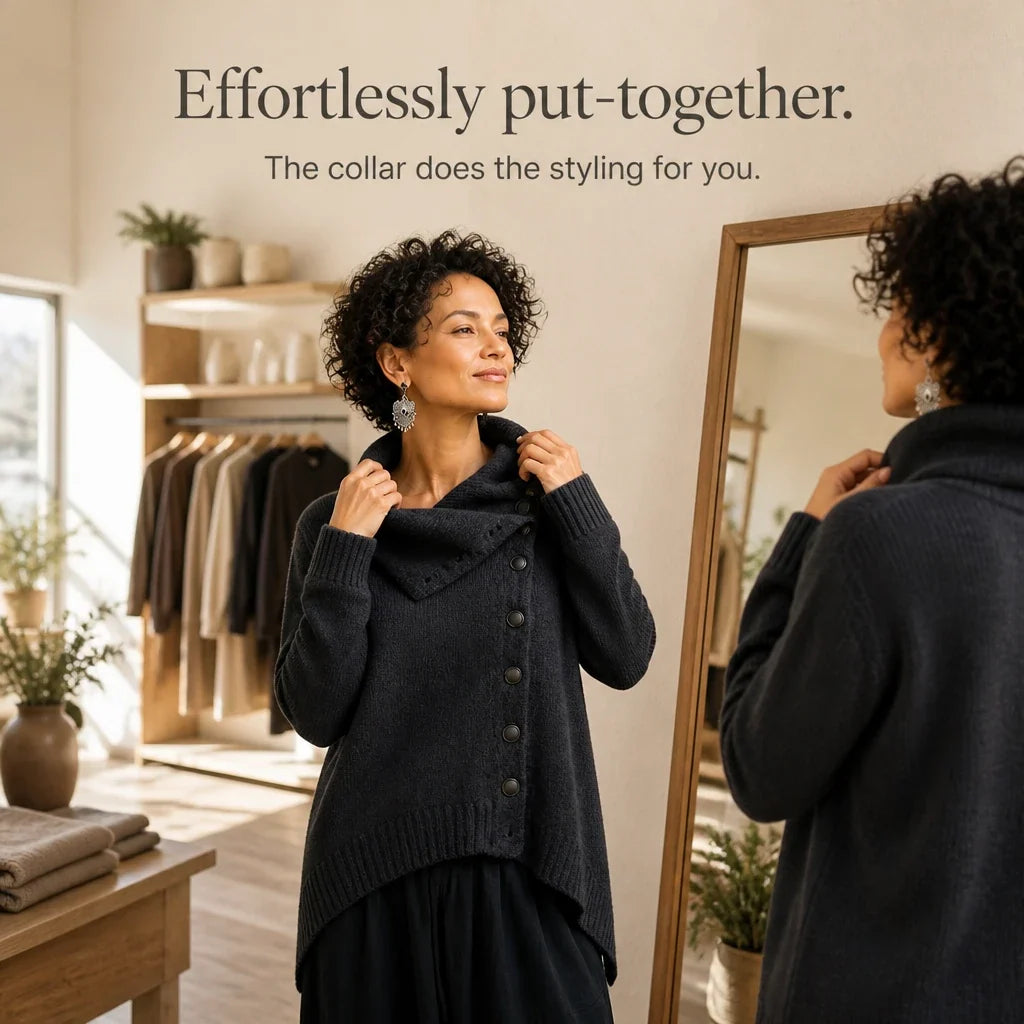 Velora – Asymmetric Draped High-Collar Knit Pullover