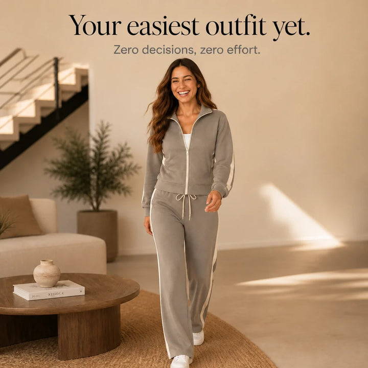 Stride & Set – Cream-Striped Sporty Two-Piece Set