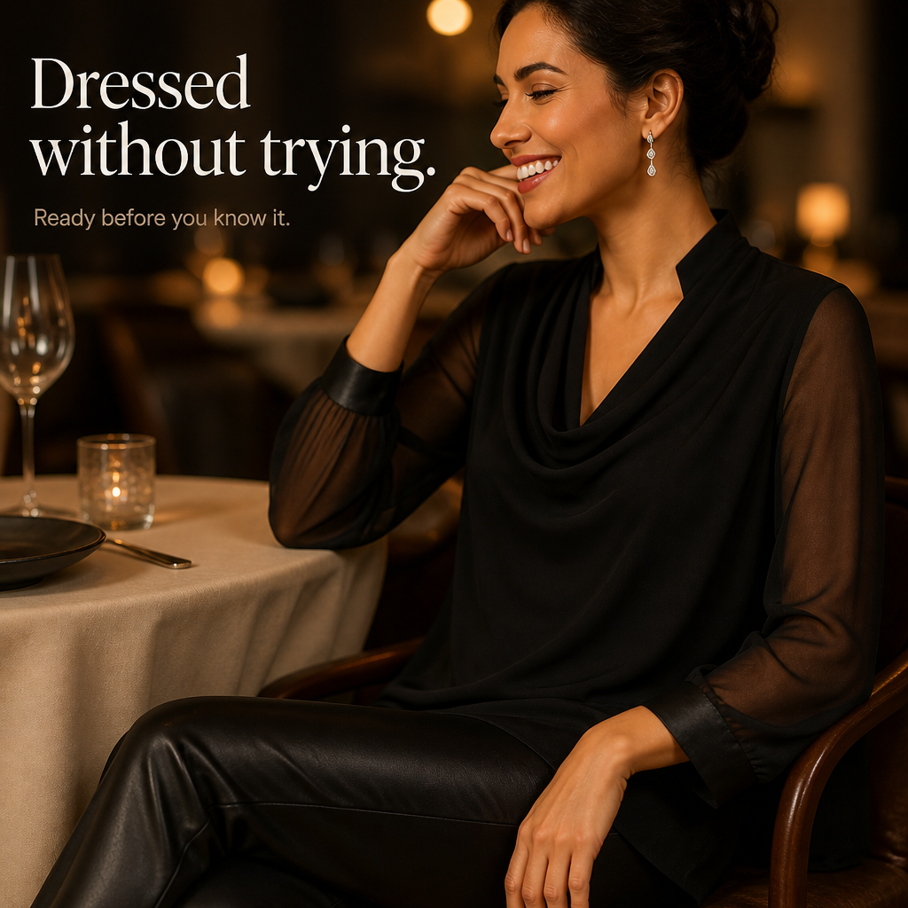 Cowlora – Cowl Neck Sheer Sleeve Asymmetrical Blouse