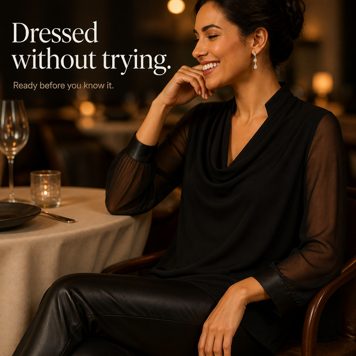 Cowlora – Cowl Neck Sheer Sleeve Asymmetrical Blouse