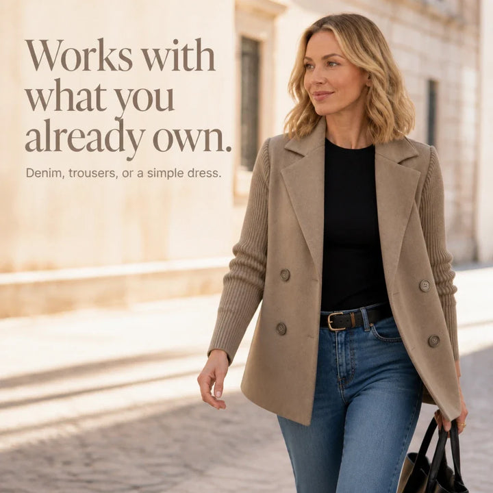 Celeste – Suede-Look Double-Breasted Knit-Sleeve Jacket
