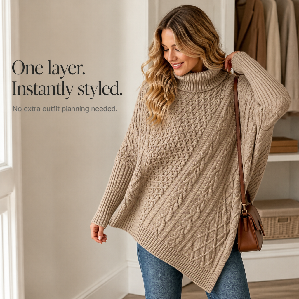Cablelle – Asymmetric Cable-Knit Turtleneck Poncho