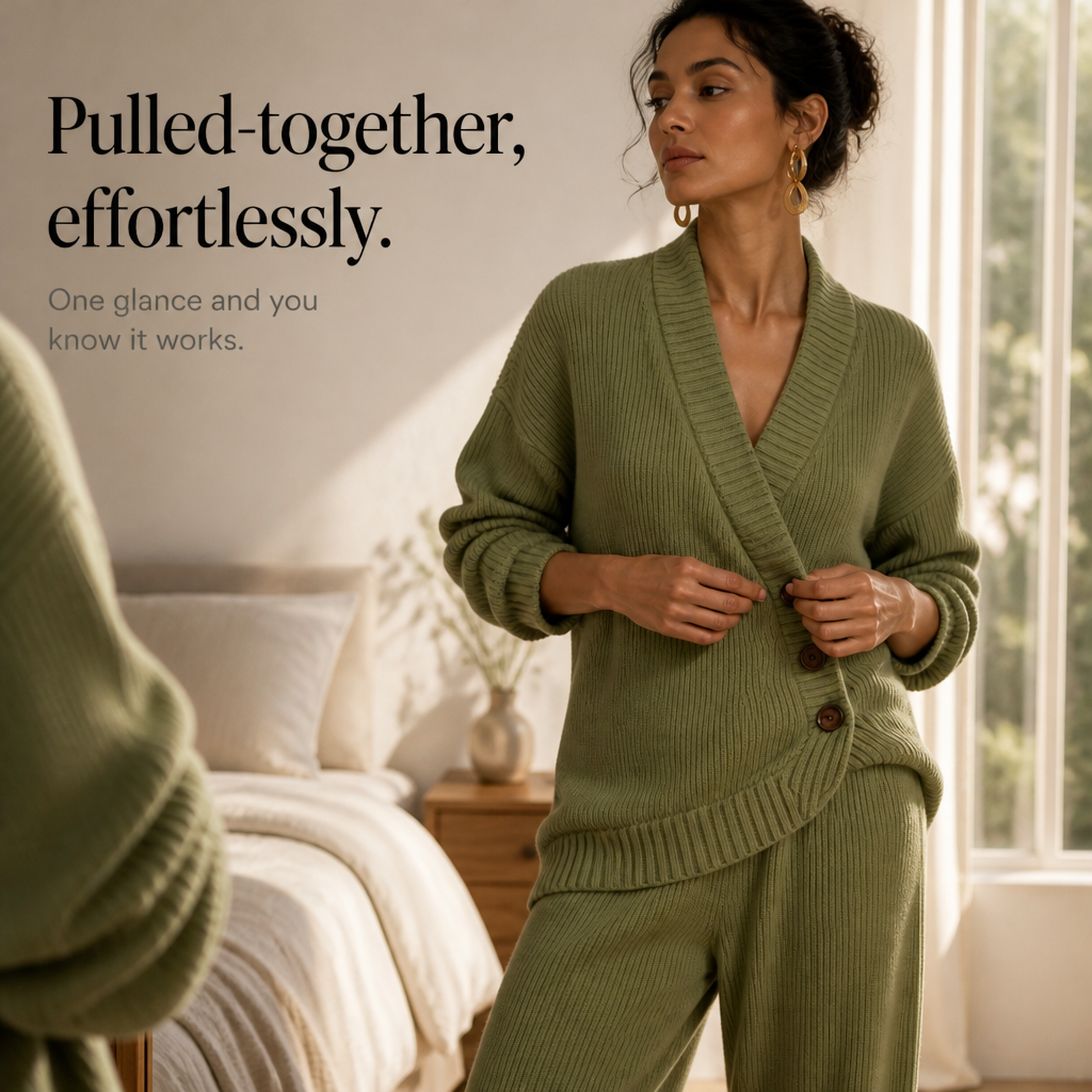 Olivea – Ribbed Wrap Top And Wide-Leg Pants Set
