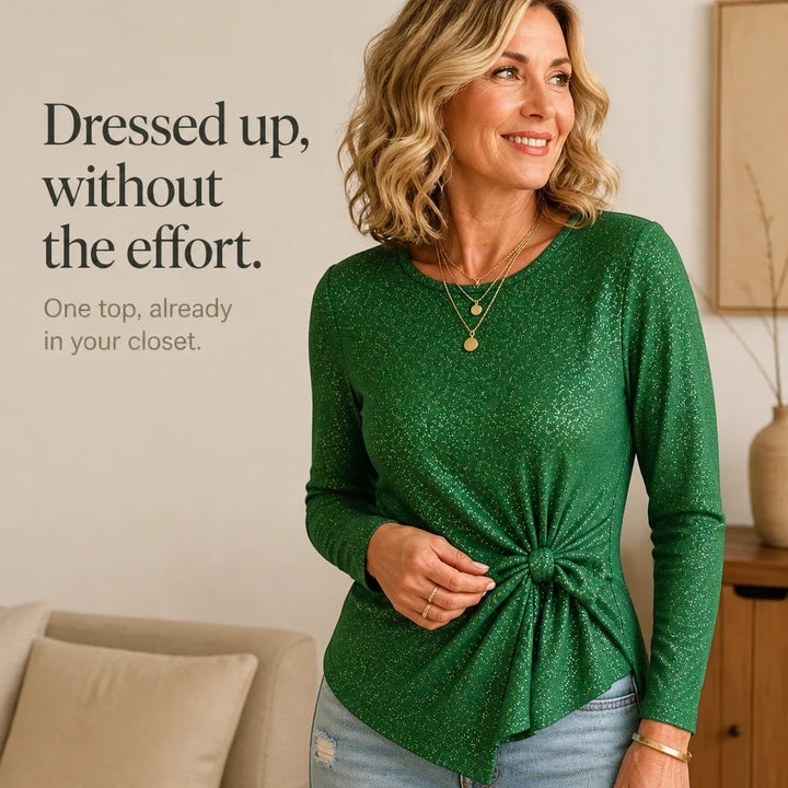 Lumiere – Metallic Shimmer Side-Knot Long-Sleeve Top
