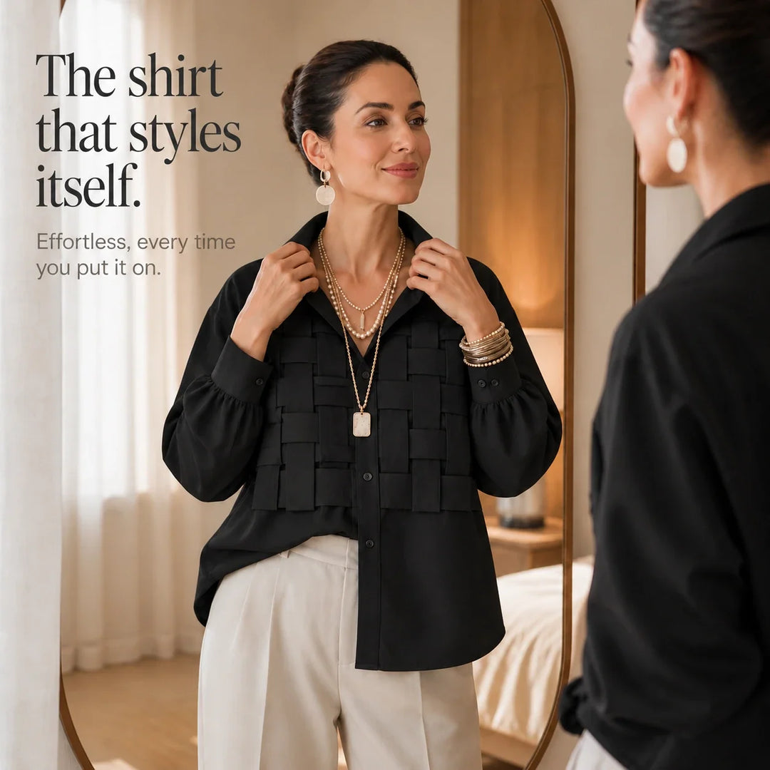 Wovelle – Raised Woven-Check Long-Sleeve Blouse
