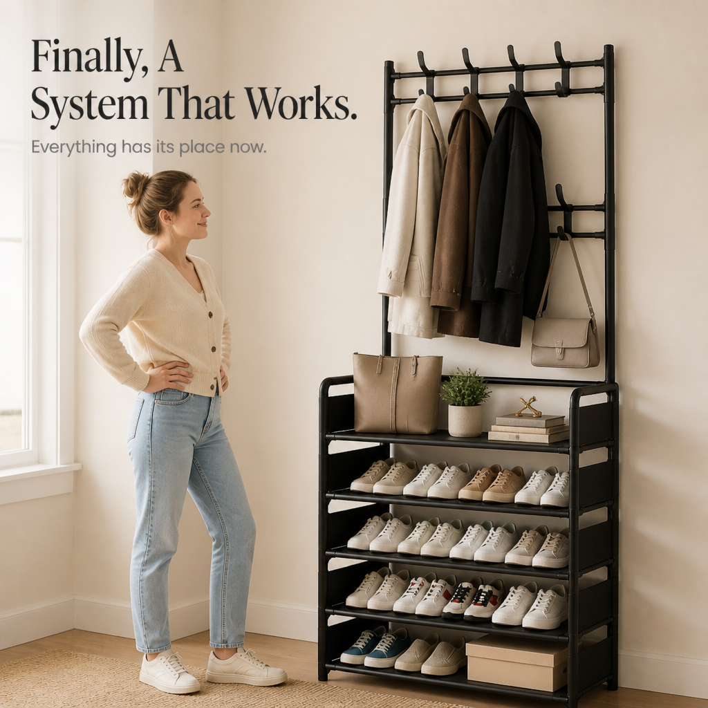 Haldrow – 3-Tier Shoe Rack With Coat Hooks