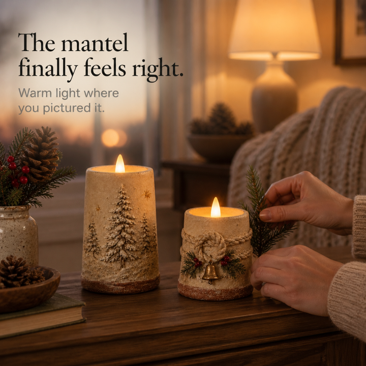 Hearthglow – Hand-Painted Rustic LED Pillar Candle (2 piece set)