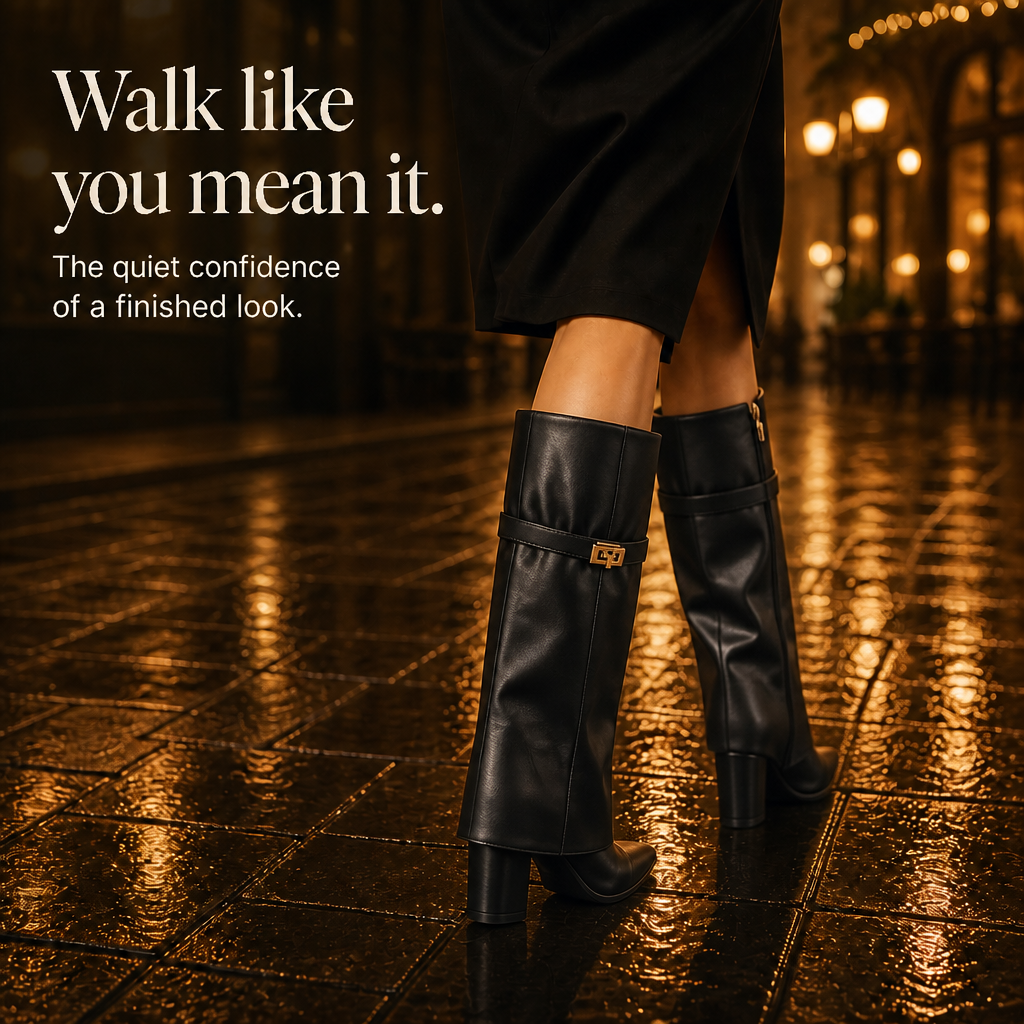Solvera – Gold Buckle Pointed-Toe Knee-High Boots