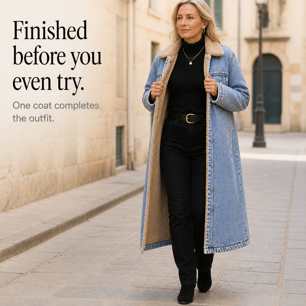 Denora – Sherpa-Lined Full-Length Denim Coat
