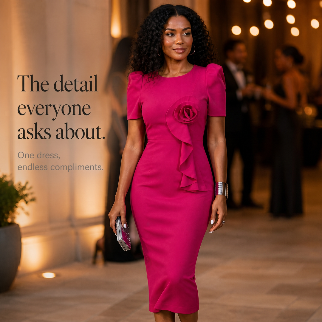 Rosevelle – 3D Rose Puff Sleeve Pencil Dress