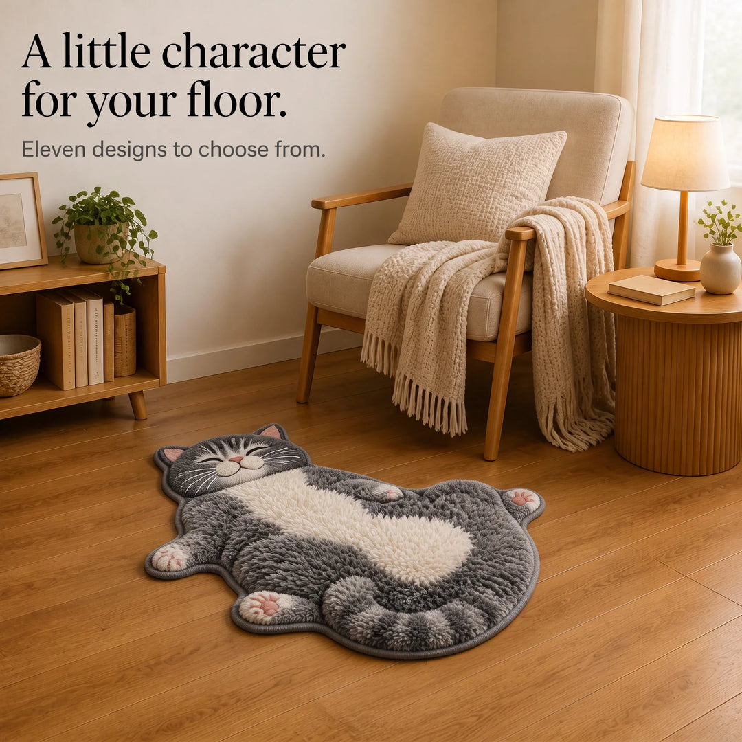 Tabby Tumble – Sleeping Cat-Shaped Plush Area Rug