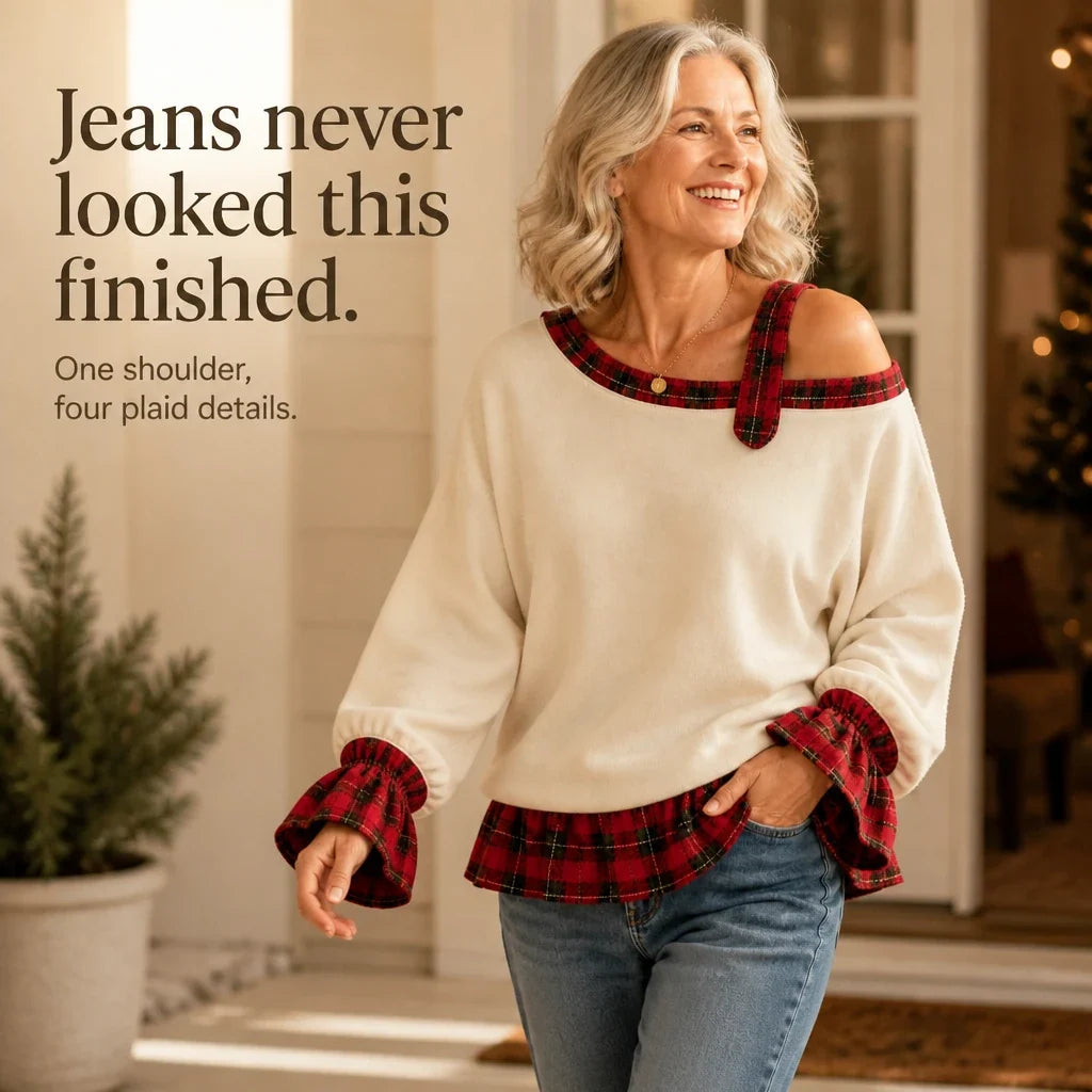 Plaidella – Plaid Ruffle Off-Shoulder Sweatshirt