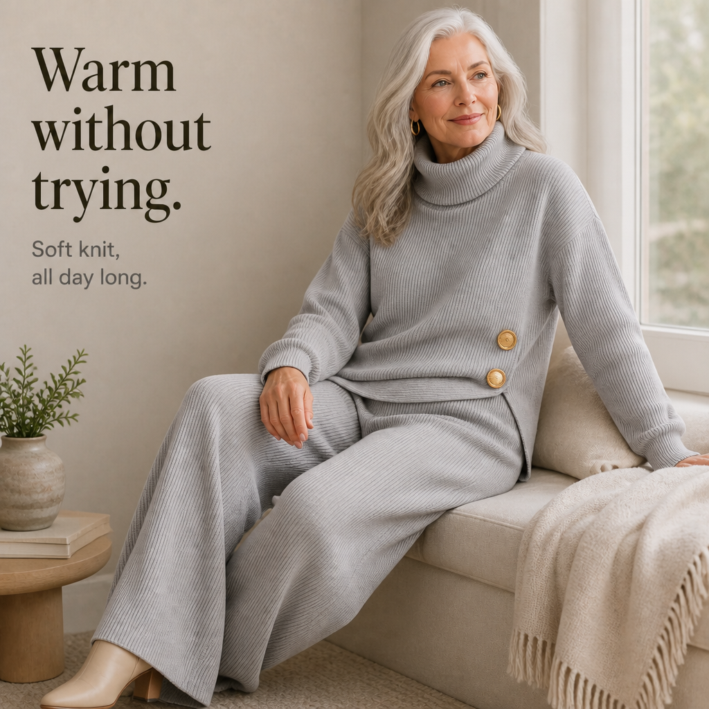 Wearbella – Asymmetric Button Hem Knit Turtleneck Set