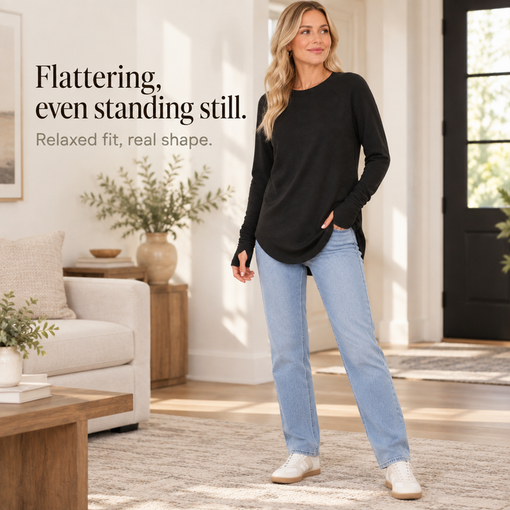 Cozelle – Thumbhole Cuff Side-Split Knit Top
