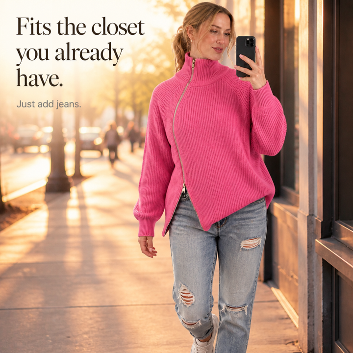 Wearbella – Asymmetric Zip Ribbed Knit Sweater