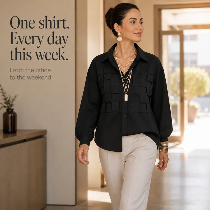 Wovelle – Raised Woven-Check Long-Sleeve Blouse