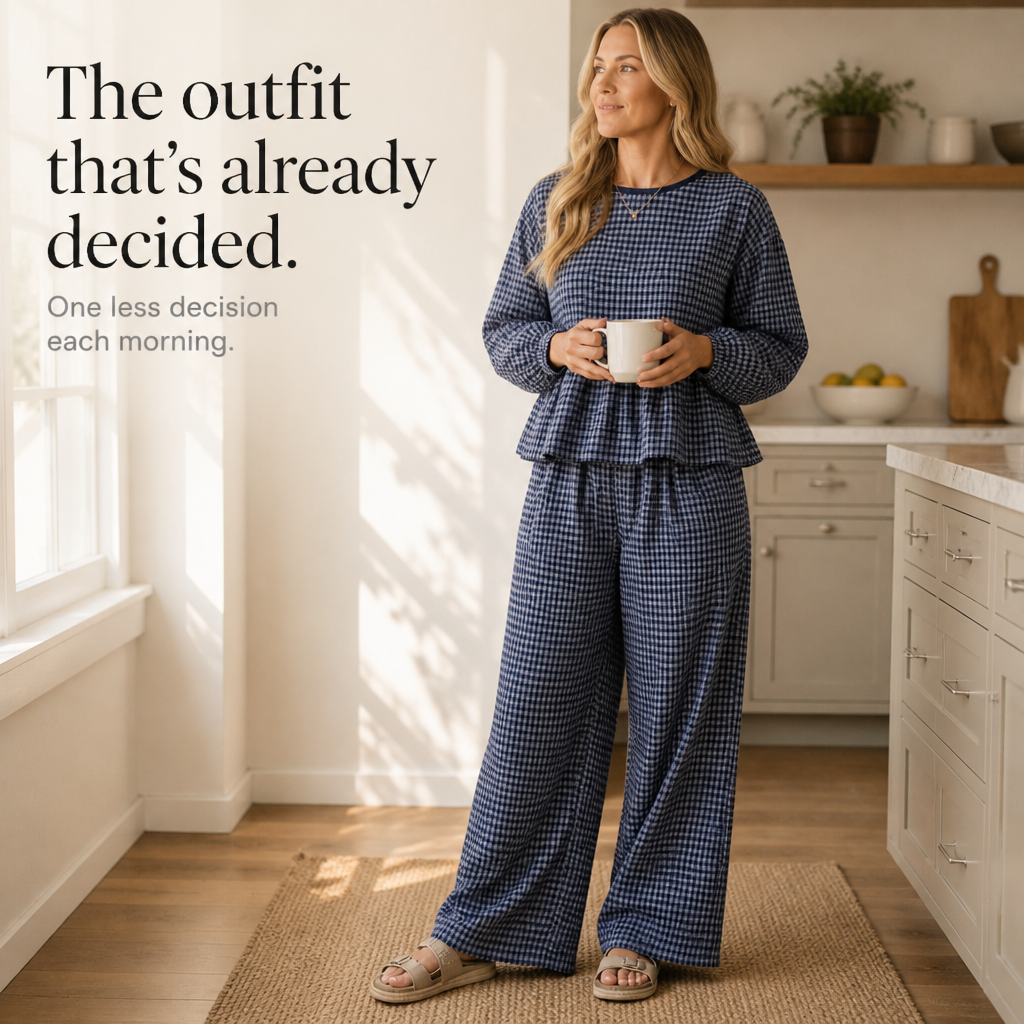 Elara – Gingham Peplum Top And Wide-Leg Pants Set