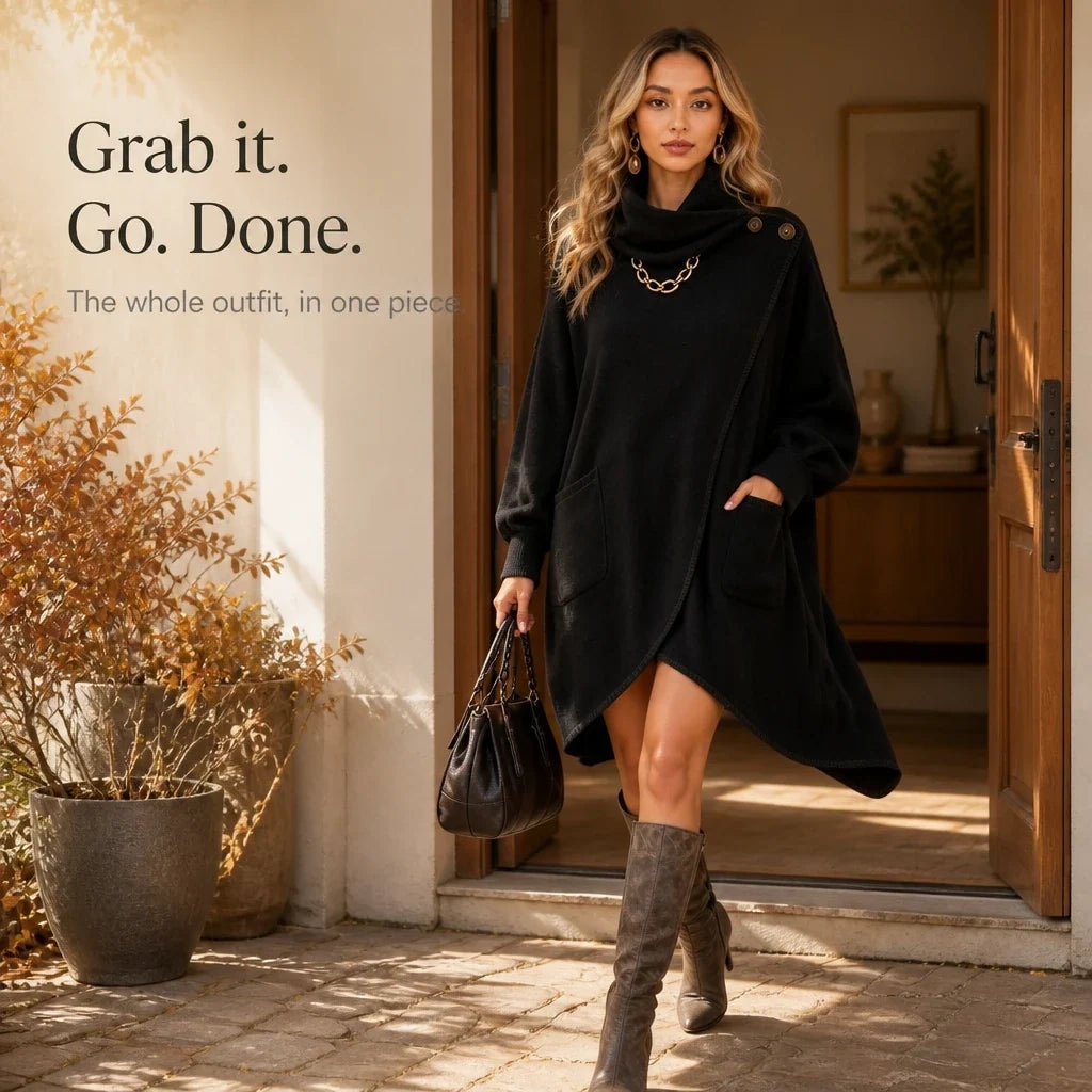 Cowlora – Asymmetric Cowl-Neck Sweater Dress