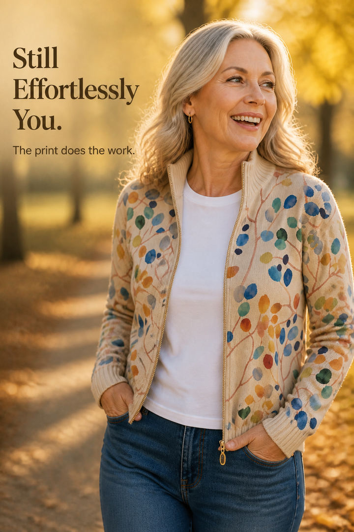 Threezip – Botanical Print Zip-Up Bomber Cardigan