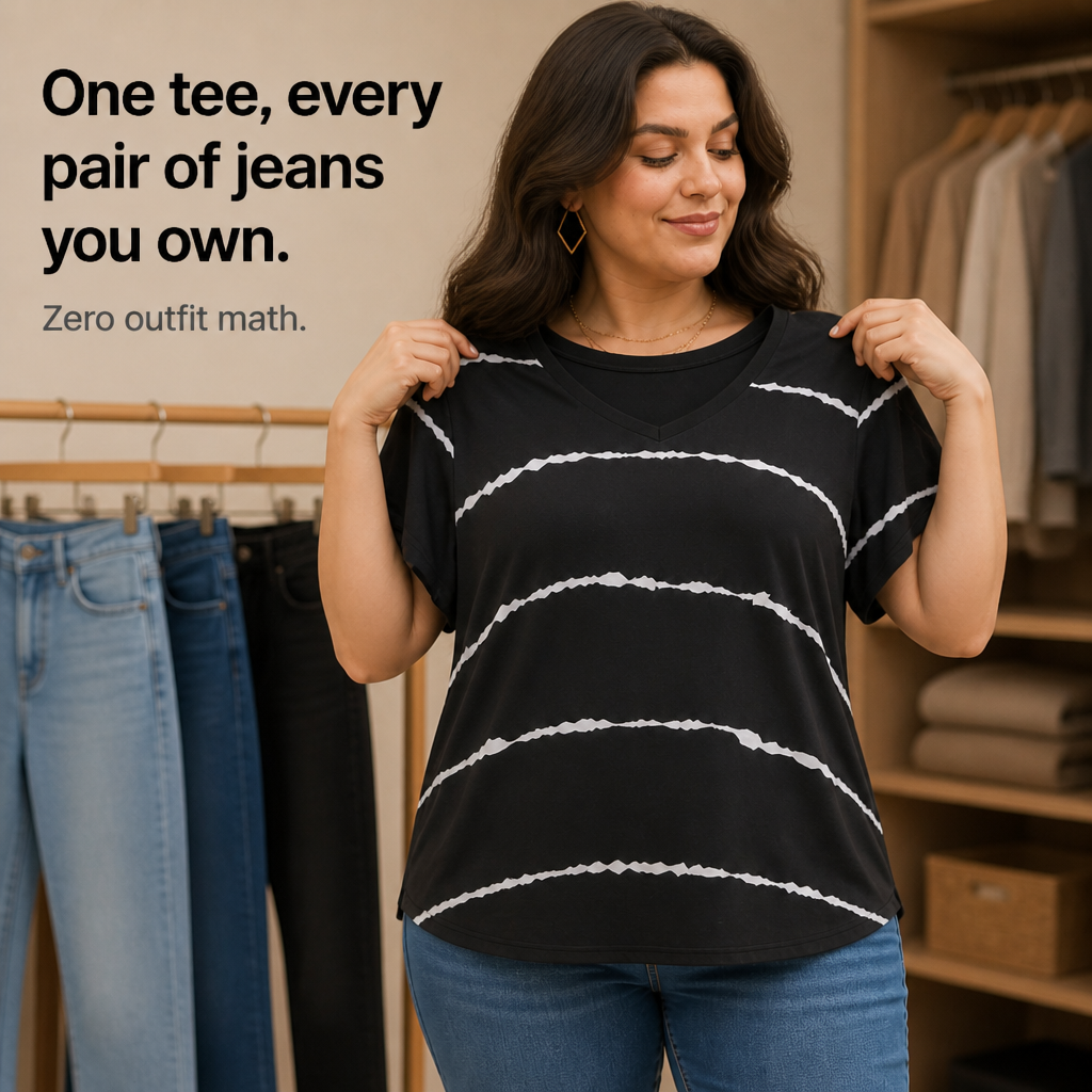 Curvella – Striped V-Neck Stretch Knit Tee