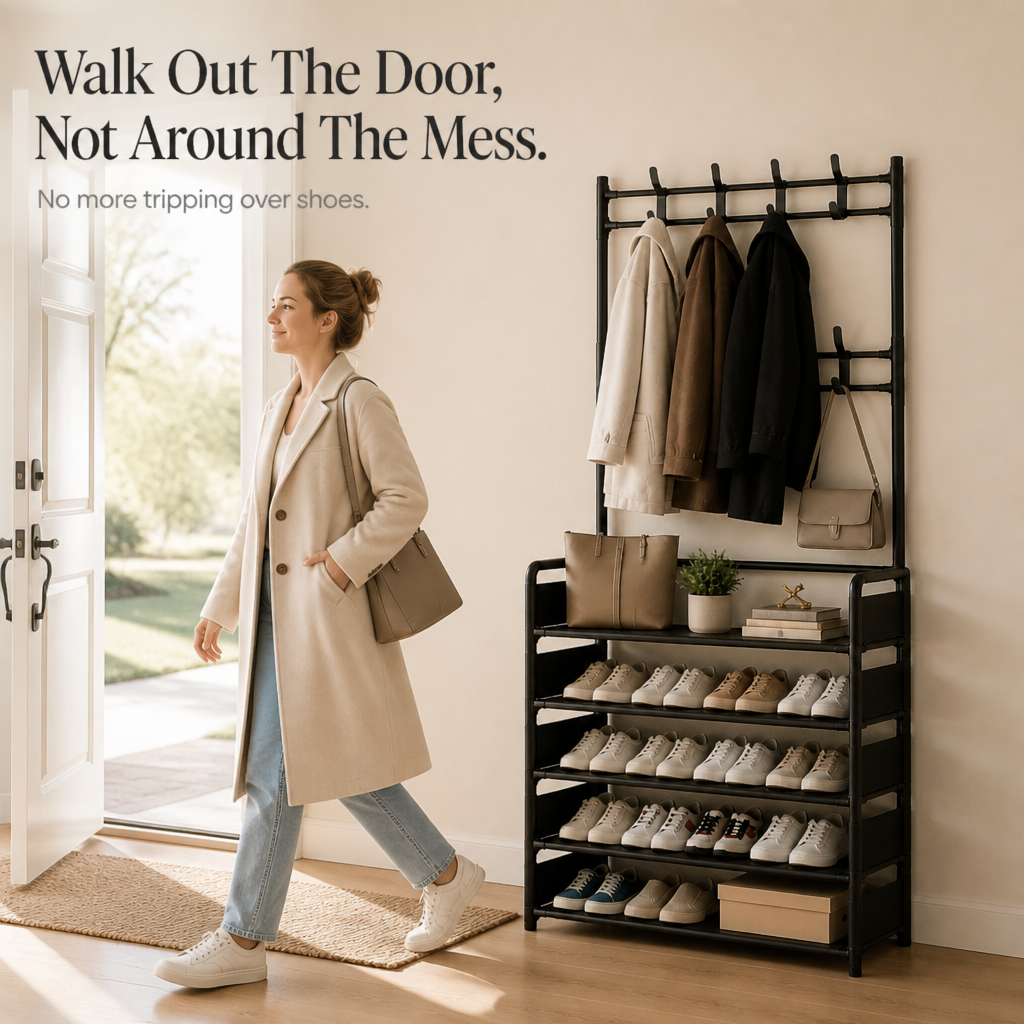 Haldrow – 3-Tier Shoe Rack With Coat Hooks