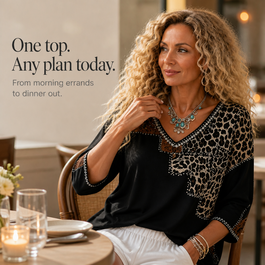 Noirprint – Leopard Patchwork Embellished V-Neck Blouse