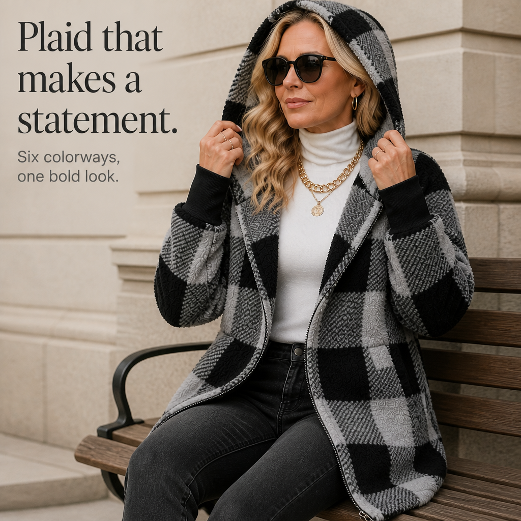 Plaidelle – Oversized Plaid Hooded Fleece-Look Cardigan