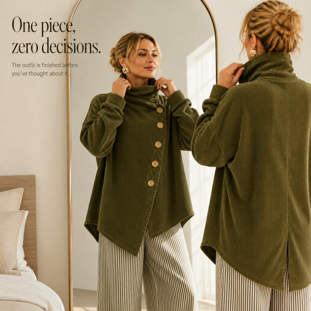 Foldover – Asymmetric Placket Funnel Neck Corduroy Top