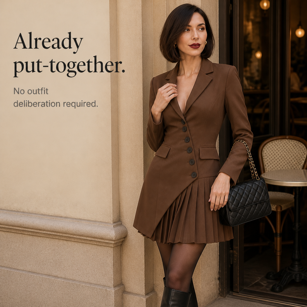 Blazelle – Diagonal Button Asymmetric Pleated Blazer Mini Dress
