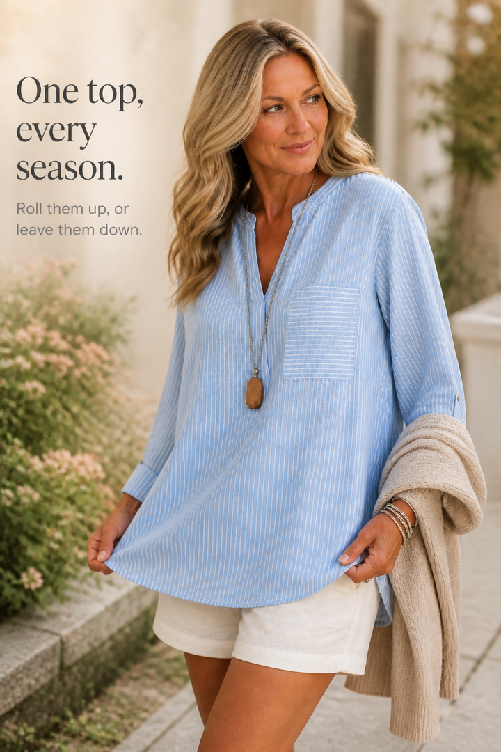 Wearbella – Striped V-Neck Roll-Sleeve Asymmetric Hem Top