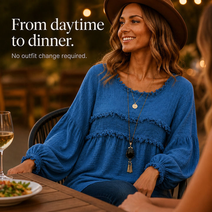 Wovella – Fringe-Trim Pleated-Sleeve Boho Blouse