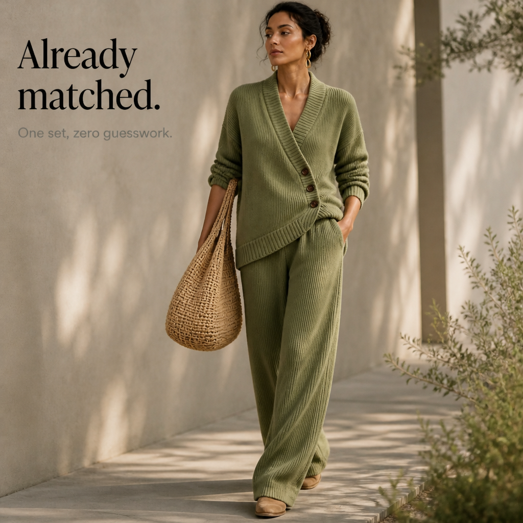 Olivea – Ribbed Wrap Top And Wide-Leg Pants Set