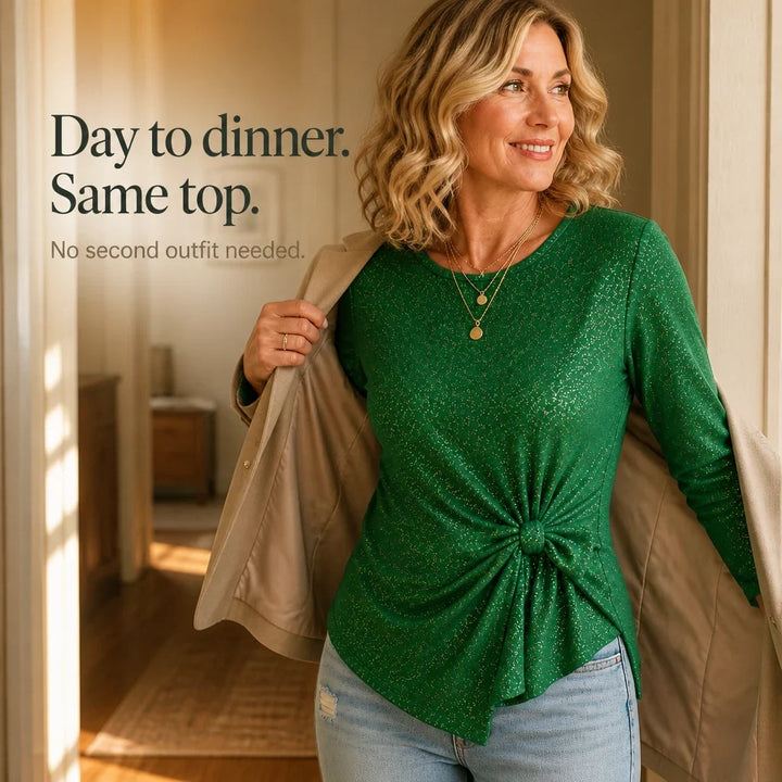 Lumiere – Metallic Shimmer Side-Knot Long-Sleeve Top
