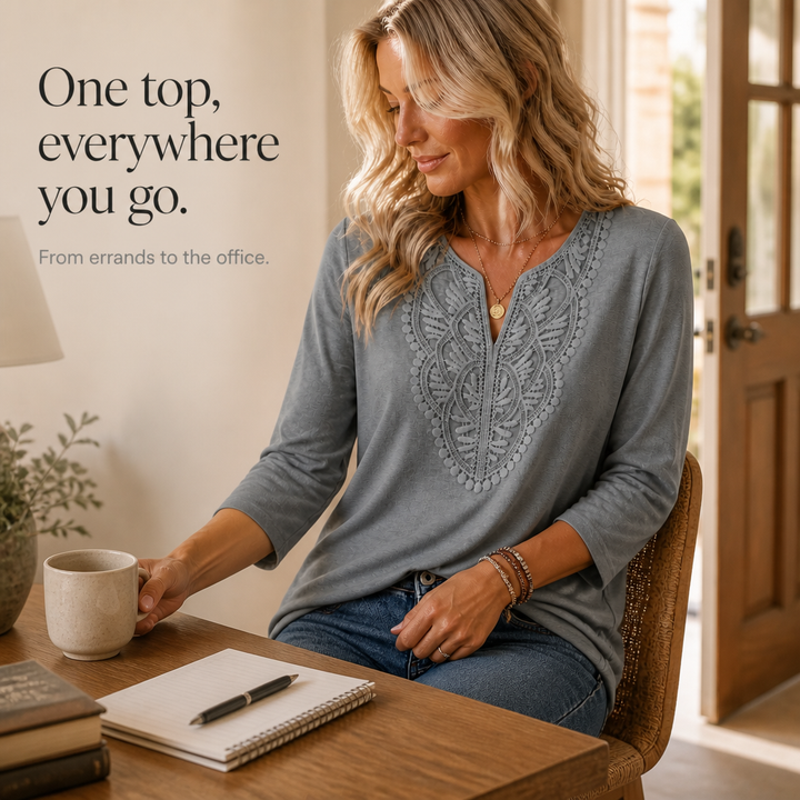 Wearbella – Lace Trim V-Neck Relaxed Tunic Top
