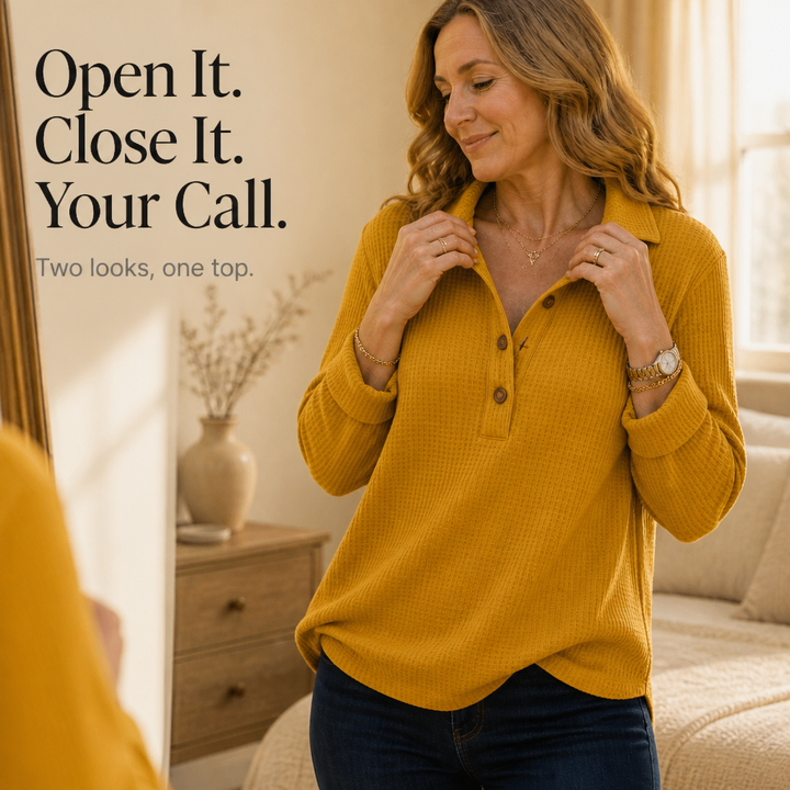 Wovella – Waffle-Knit Button Henley Top