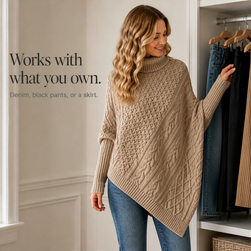 Cablelle – Asymmetric Cable-Knit Turtleneck Poncho