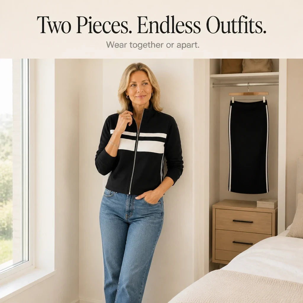 Stripe & Shape – Striped Bomber Jacket And Pencil Skirt Set