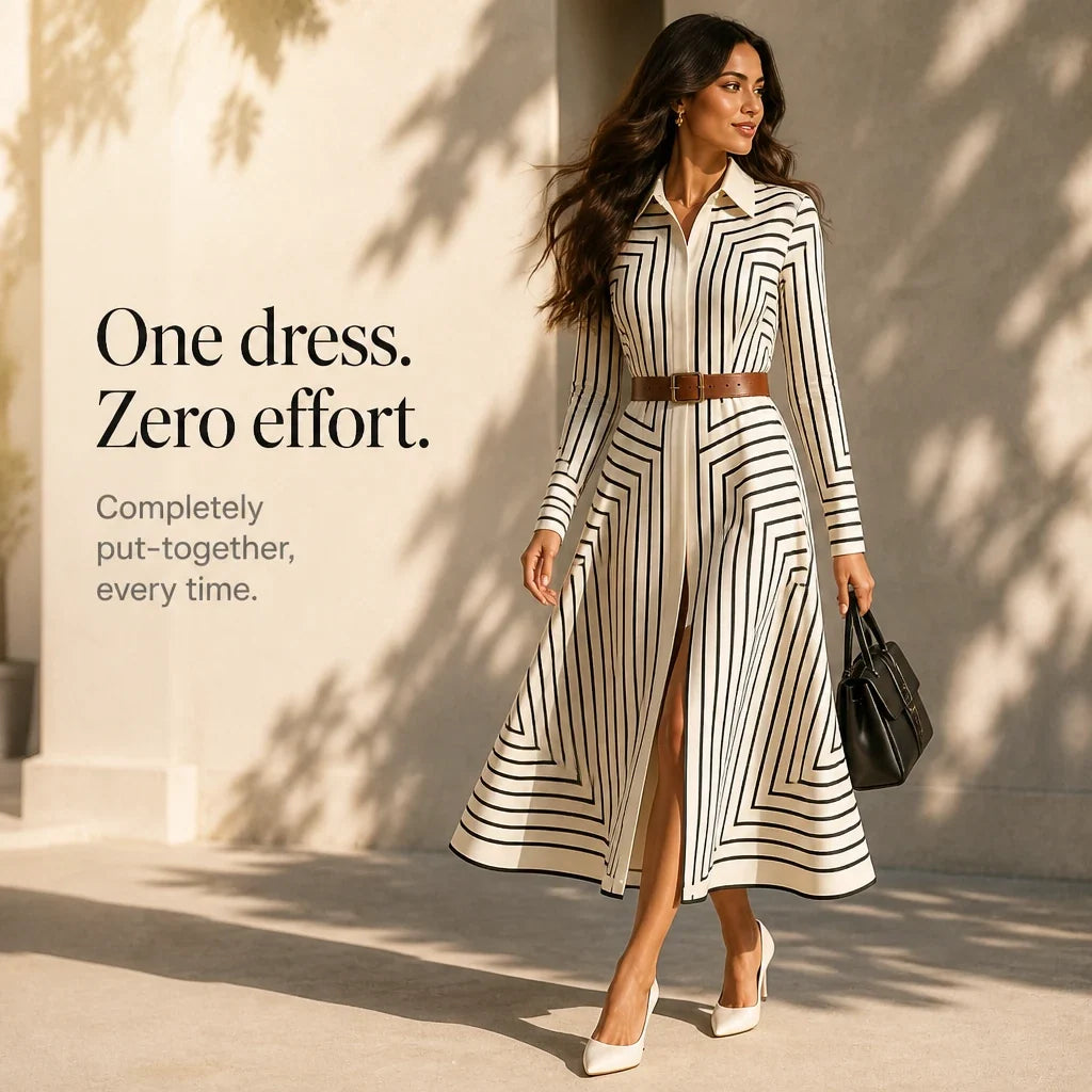 Linea Midi – Geometric Print Belted Shirt Dress