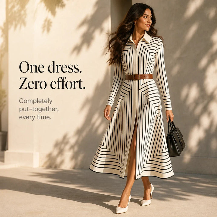 Linea Midi – Geometric Print Belted Shirt Dress