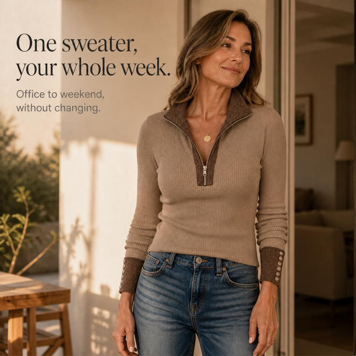 Ribvia – Contrast-Trim Quarter-Zip Mock Neck Sweater