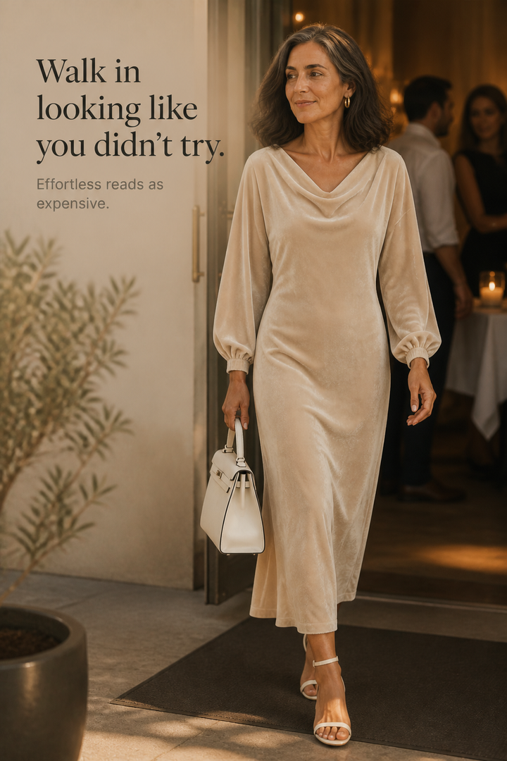 Velvienne – Round Neck Velvet Look Midi Dress