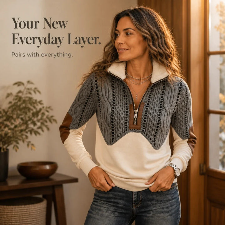 CozyCabled – Color-Block Faux Cable-Knit Quarter-Zip Pullover