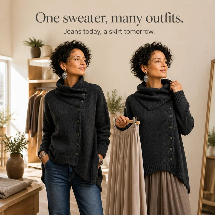 Velora – Asymmetric Draped High-Collar Knit Pullover