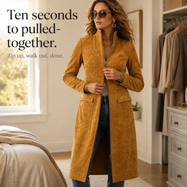 Velora – Fitted Stand-Collar Longline Coat