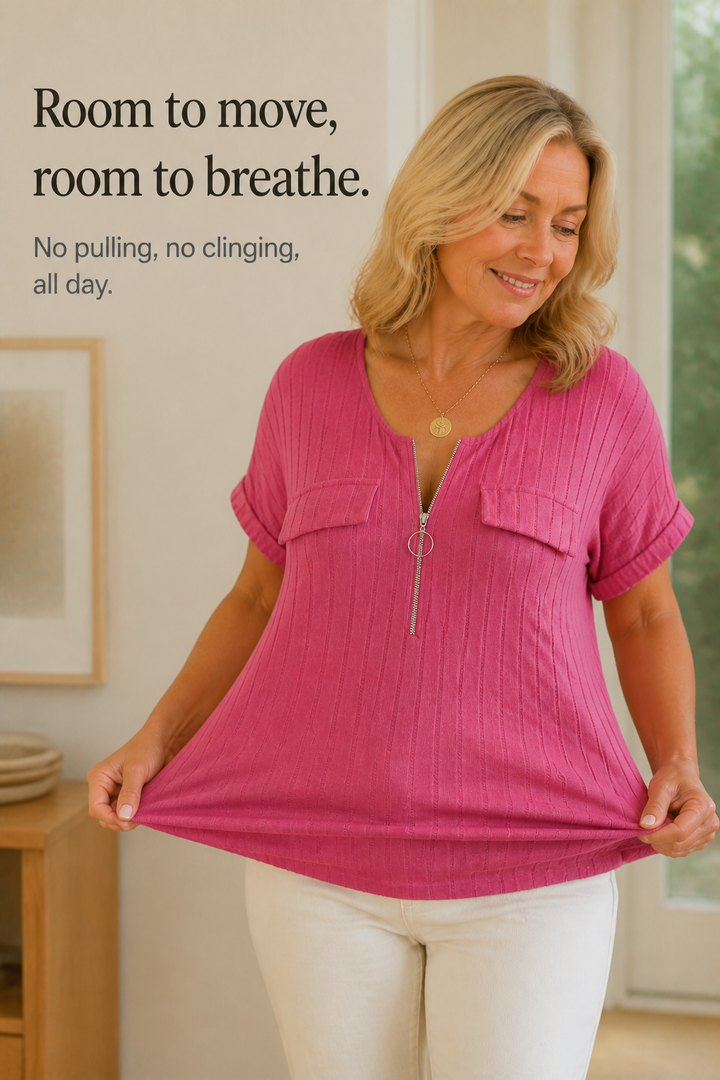 Veloura – Ribbed Adjustable Zip-Neck Knit Top