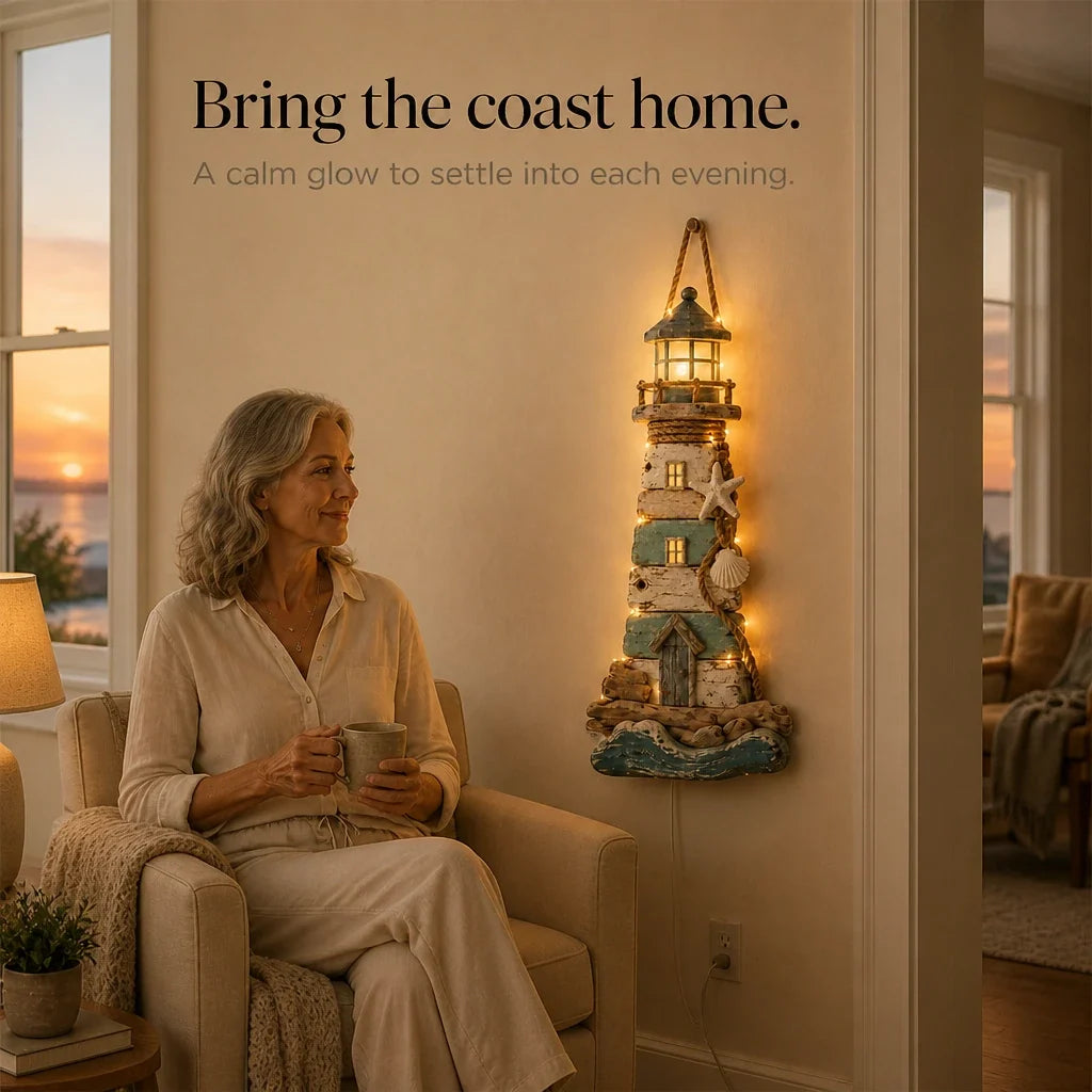 Driftwood Beacon – Distressed Coastal Lighthouse Wall Decor